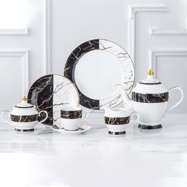 Porcelain Tea And Cake 24 Pieces Black & White Marble Shape