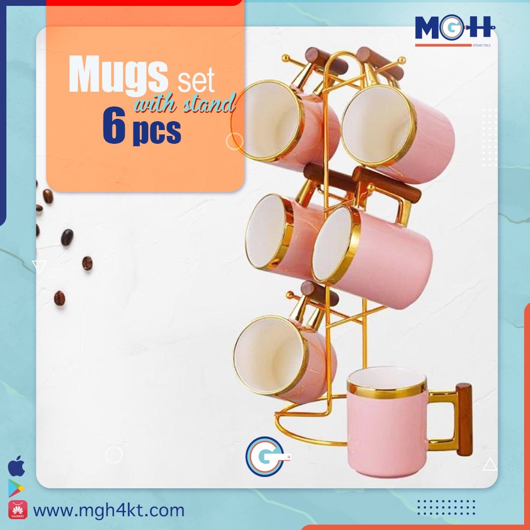 Mugs with wooden hand + metal stand