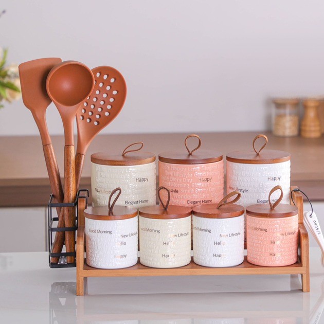 porcelain spices set 15 pieces with wooden stand