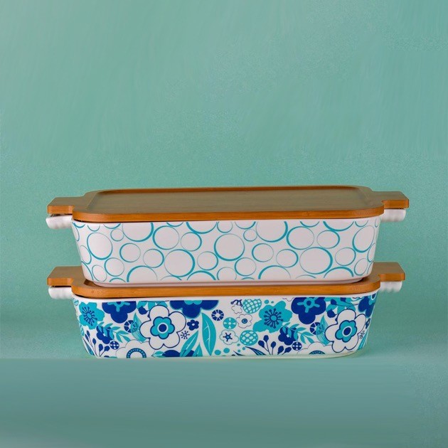 Porcelain Oven 2 Pieces With Wooden Cover Rectangular Shape