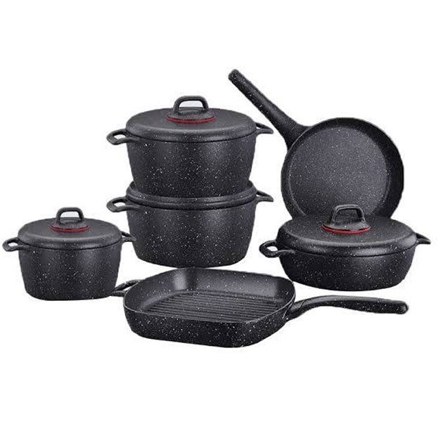 GSW Gourmet Granite Cooking Pot Set 10 Pieces Aluminium Glass Plastic  Stainless Steel Black