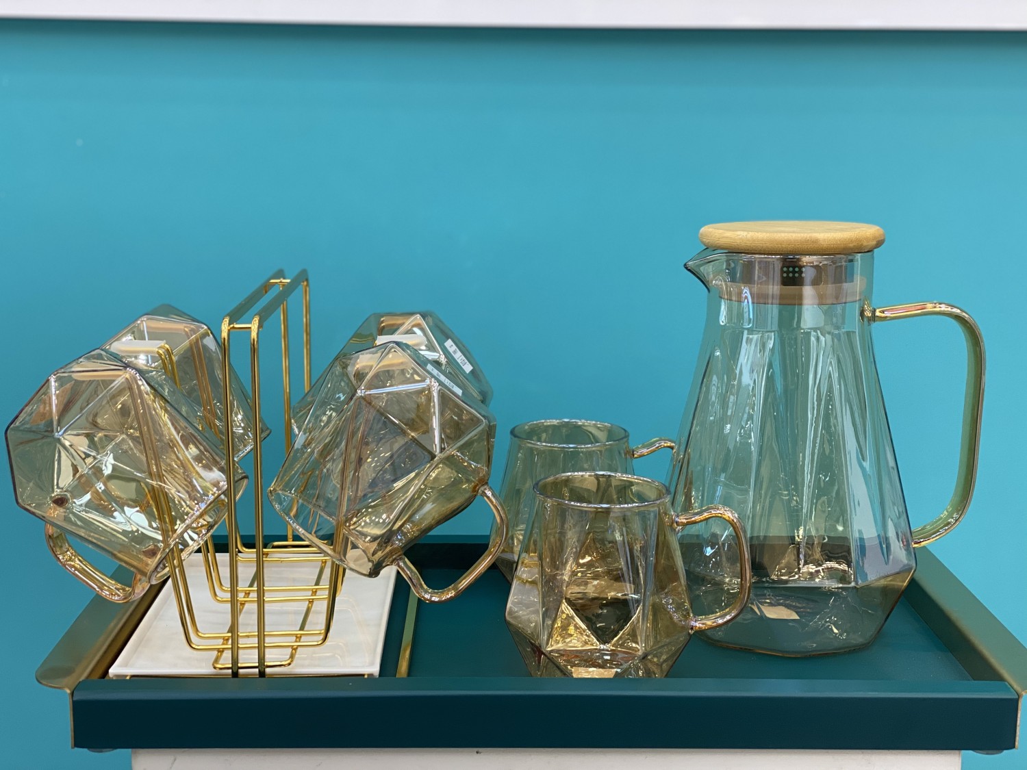 Glass Drinkware Set 9 Pieces With wooden Tray