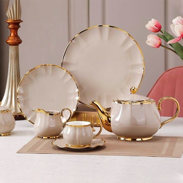 Tea and cake set 24 pieces beige with gold No. 98