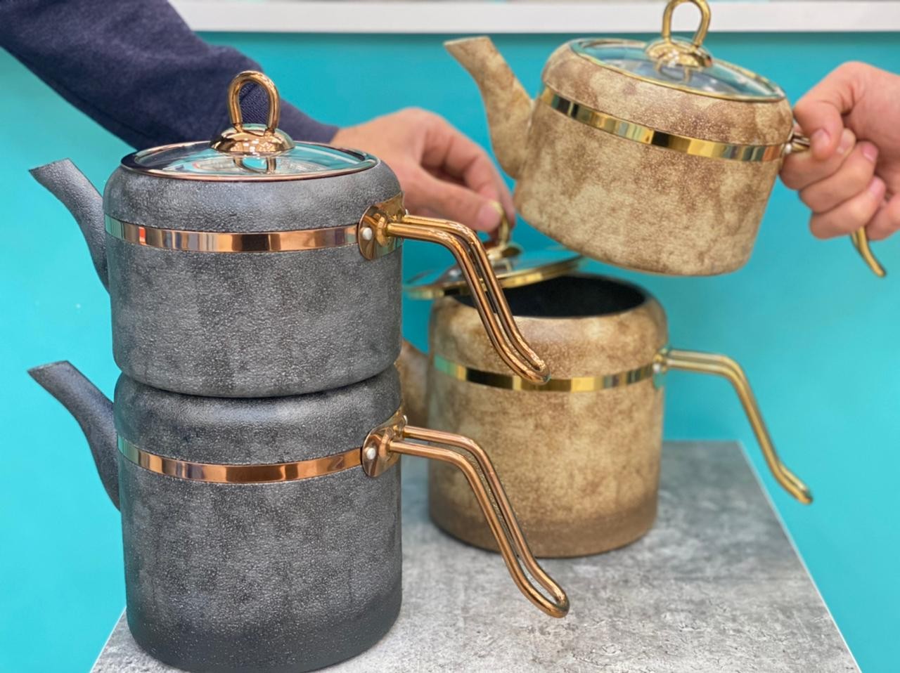 Double Tea pots granite with byrex cover